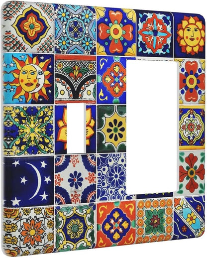 Traditional Colorful Talavera Mexican Spanish Moroccan Tiles 2 Gang Combination Light Switch Cover Decorative Toggle Rocker/Decora Wall Plate Electrical Faceplate for Bathroom Kitchen Home Decor