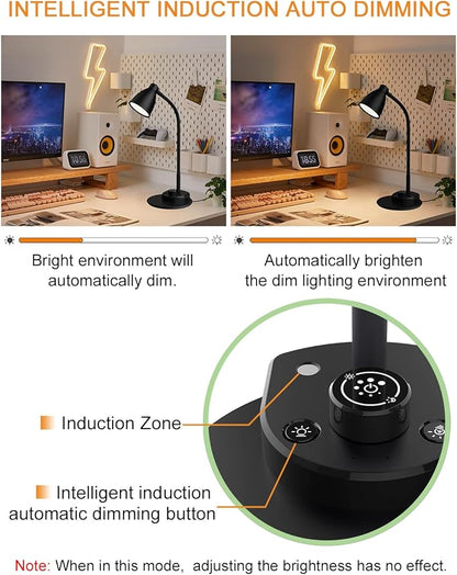 BOHON LED Desk Lamp with USB Charging Port 3 Color Modes Dimmable Reading Light Intelligent Induction Auto Dimming Task Lamp Flexible Gooseneck Table Lamp for Bedside Office, AC Adapter Include