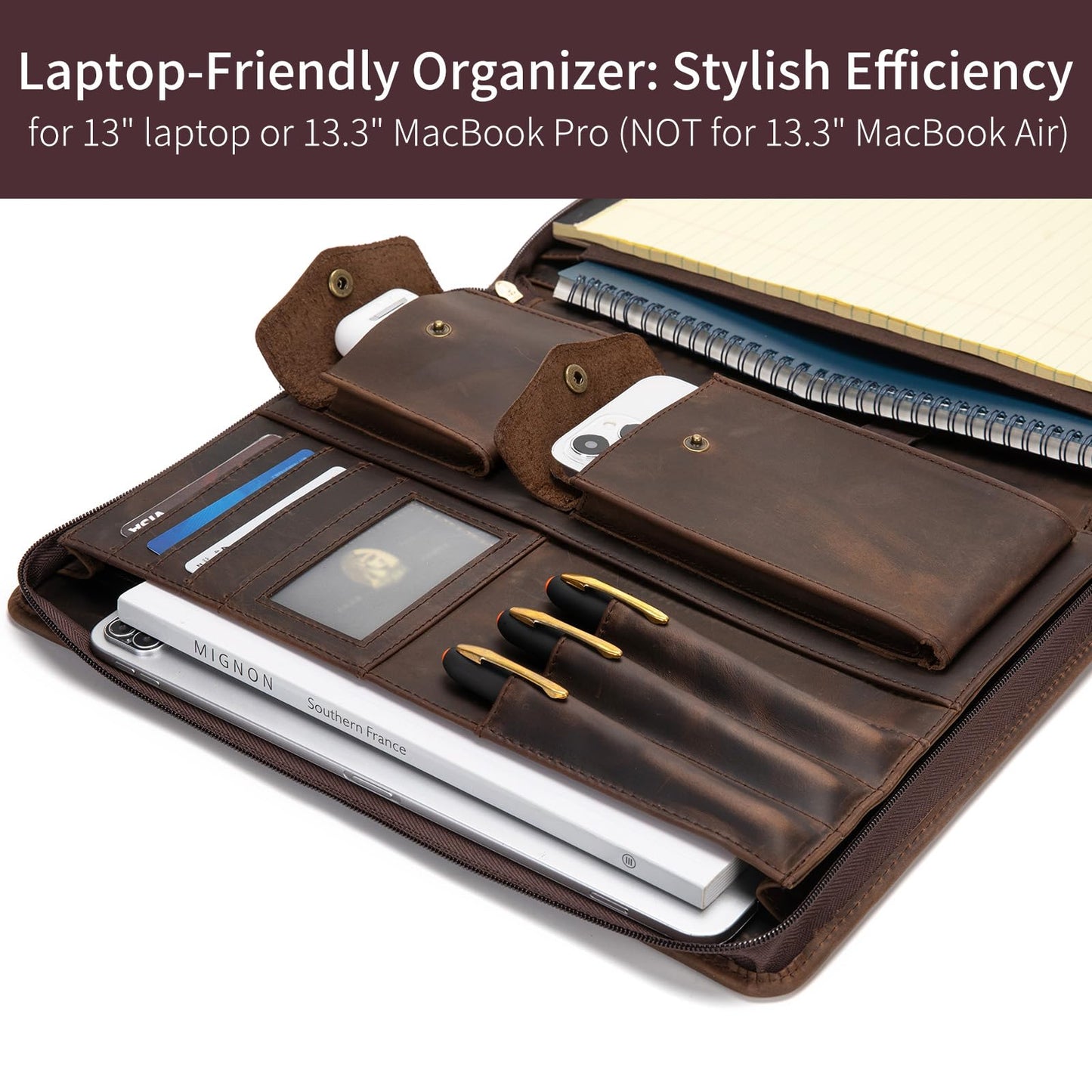 Geslun Genuine Leather Portfolio with Hidden Handle, Zippered Front Pocket, Business Padfolio for Men and Women, 8.5 x 11 Legal Pad Notebook Holder, Office Letter Notepad Folio, Dark Khaki