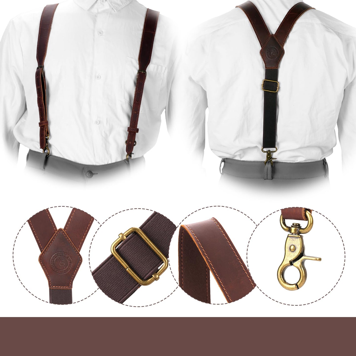 Tourbon Genuine Leather Suspenders for Men Heavy Duty Y Back Design Adjustable Straps with 3 Metal Snap Hooks, Brown