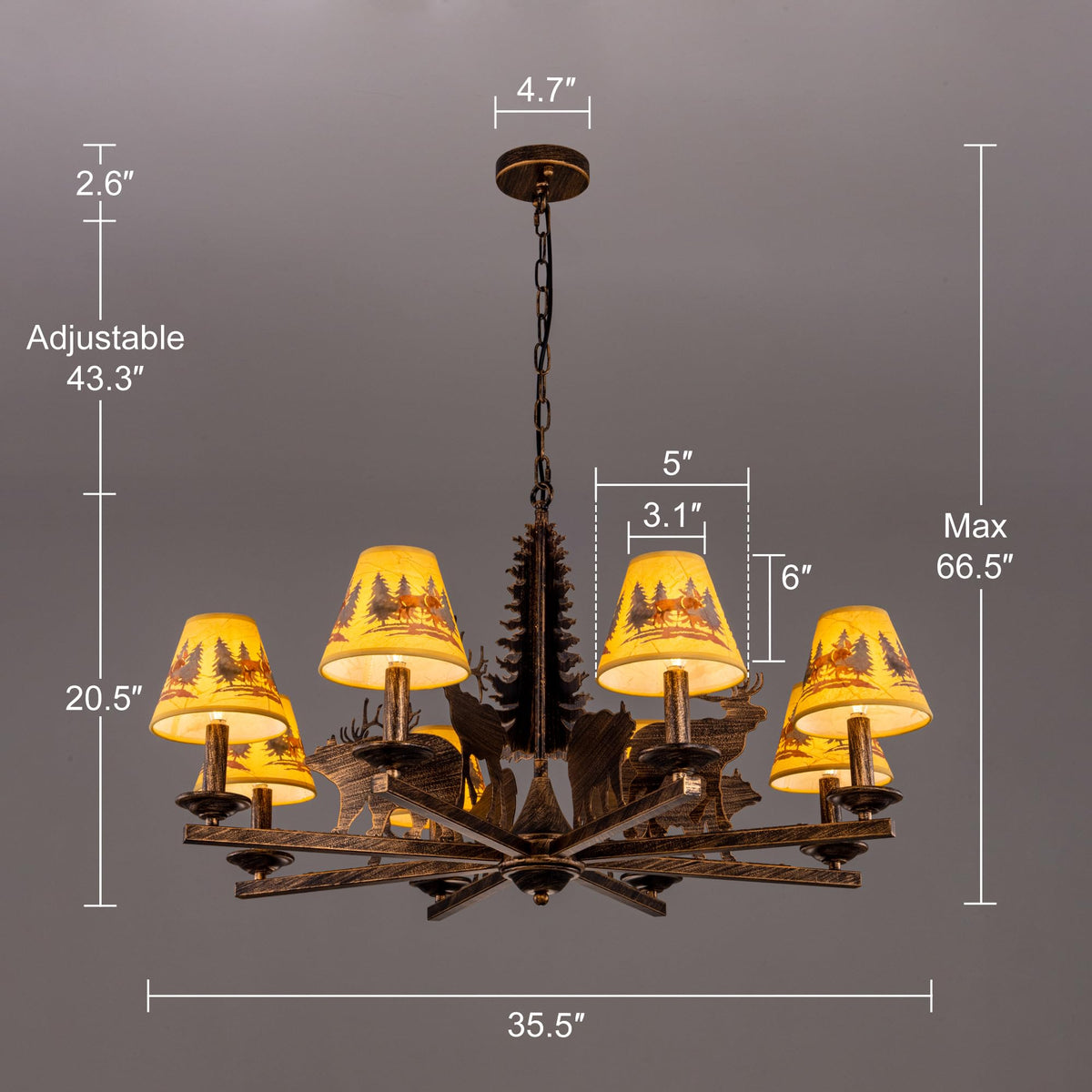 TOCHIC 8-Light Western Chandelier for Dining Room, Farmhouse Chandelier with Lampshade, Rustic Bronze Christmas Tree Bear Wildlife Light Fixture for Living Room Bedroom Kitchen Foyer Cabin, 35.5" D
