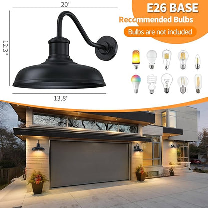 13.8'' Diameter Large Outdoor Gooseneck Barn Light 2 Packs, Outdoor Wall Sconce Farmhouse Exterior Light Wall Lighting Fixture Industrial Outside Lantern for Porch, Patio, Garage, Black (No Sensor)