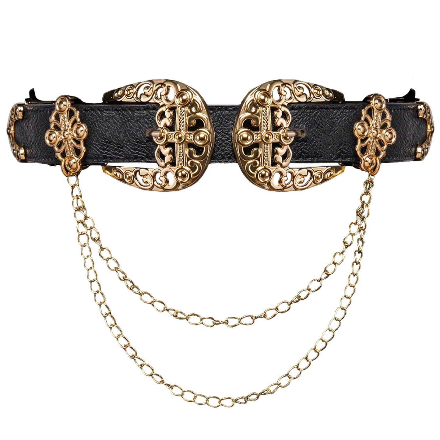 Barry.Wang Women Double Western Belt Vintage Leather Black Belt Gold Buckle Design Elastic Waist Chain Jeans Dresses Cowgirl