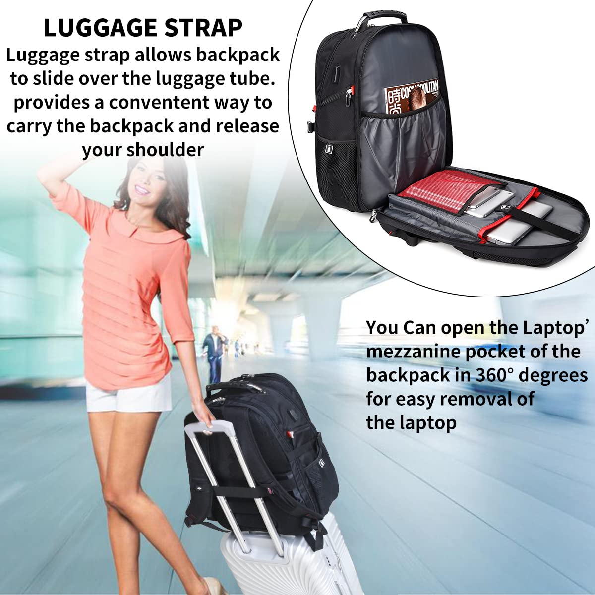 SHRRADOO Extra Large 50L Travel Laptop Backpack with USB Charging Port, College High School Backpack Airline Approved Business Work Bag Fits 17 Inch Computer for Men Women