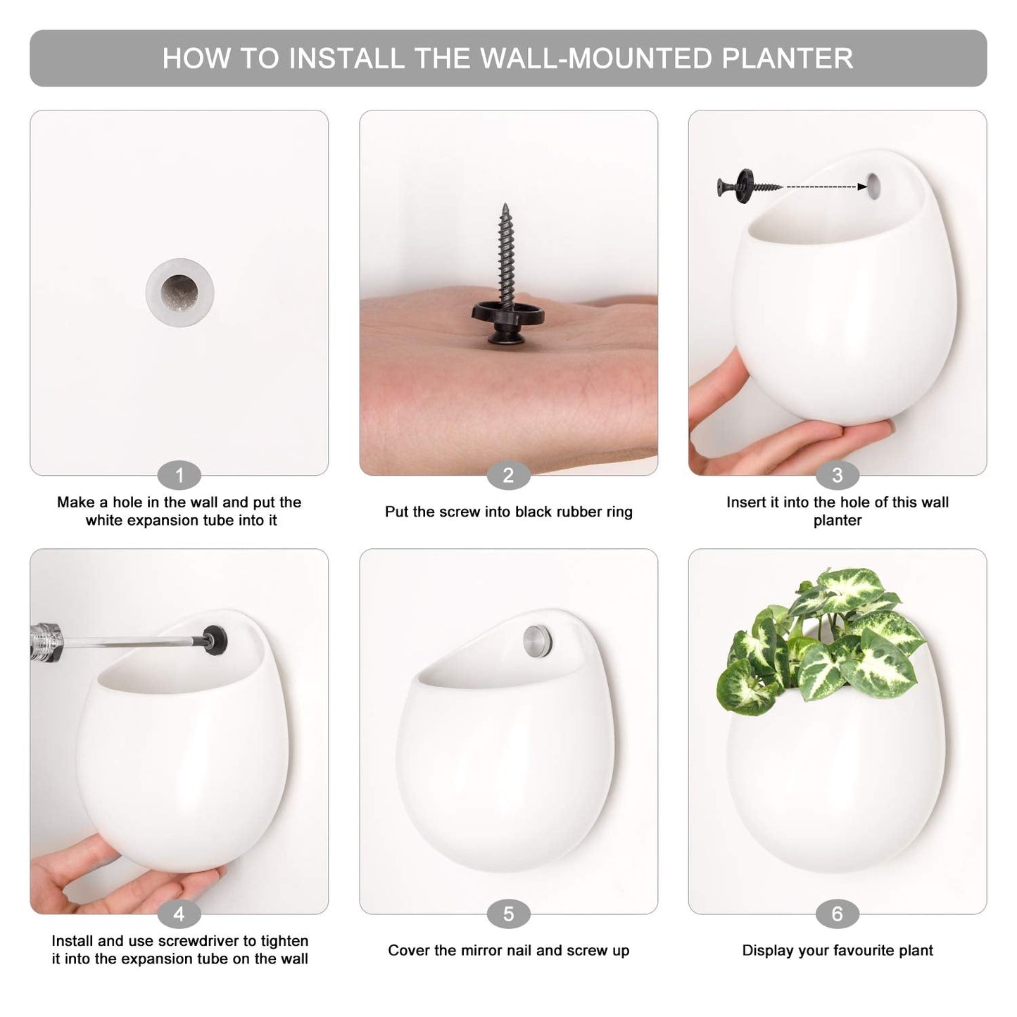 Mkono 4 Inch Wall Mounted Planter Round Ceramic Hanging Plant Holder Decorative Flower Display Vase Succulent Pots for Indoor Plants, Set of 3, White (Plants NOT Included)