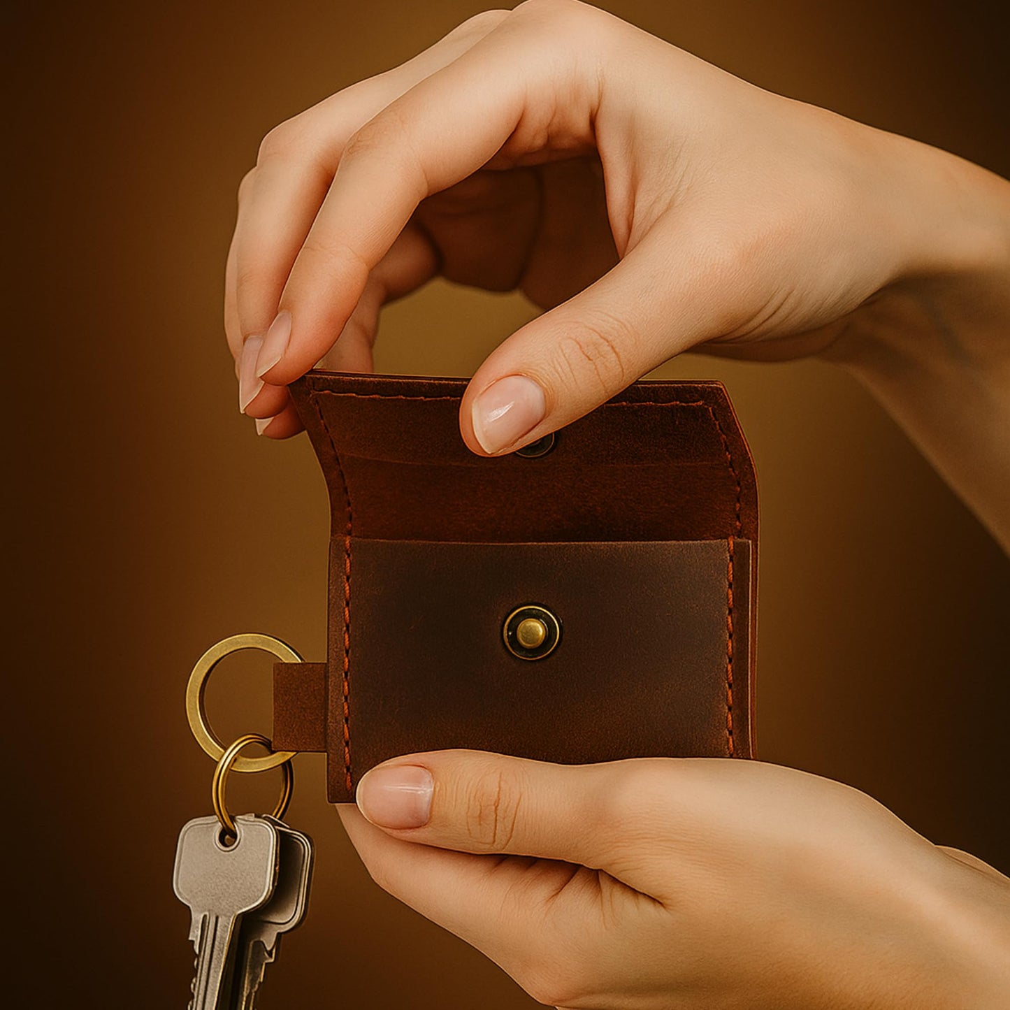 PavinCrafter Leather Coin/Ring Holder Keychain – Mini Pouch with Key Ring, Handmade Small EDC Wallet for Coins, Jewelry, Rings & Keys – Dark Brown