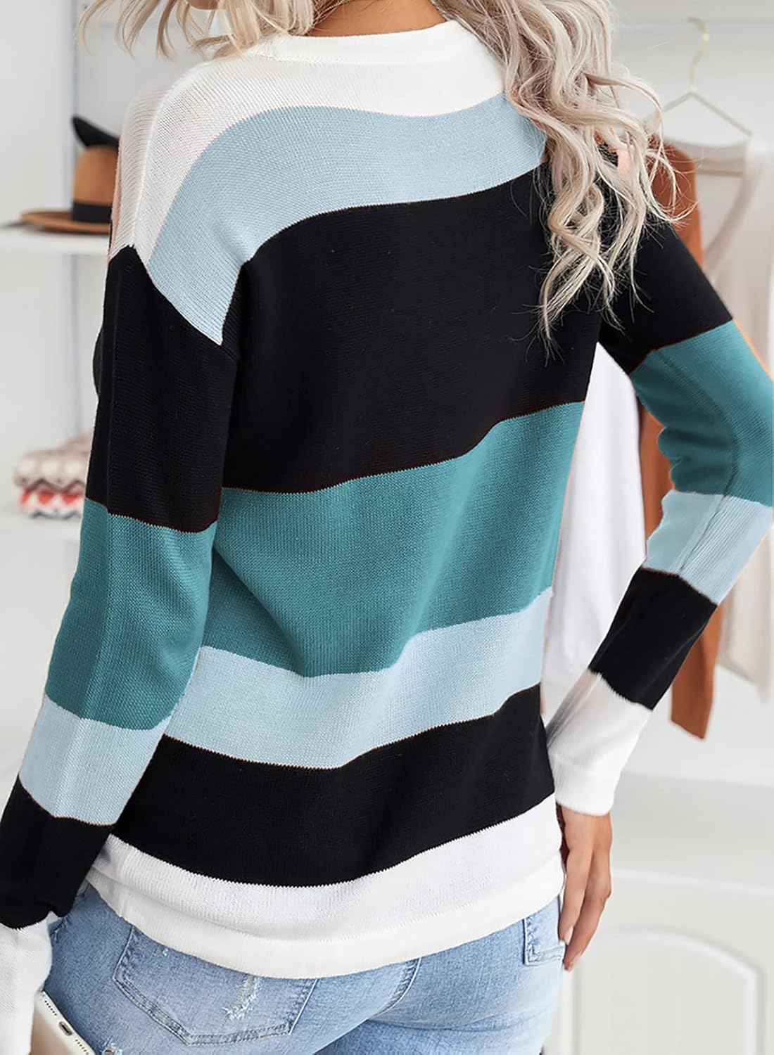 Dokotoo Womens Sweaters Striped Fall Winter Outfits 2025 Crewneck Drawstring Color Block Fashion Clothing