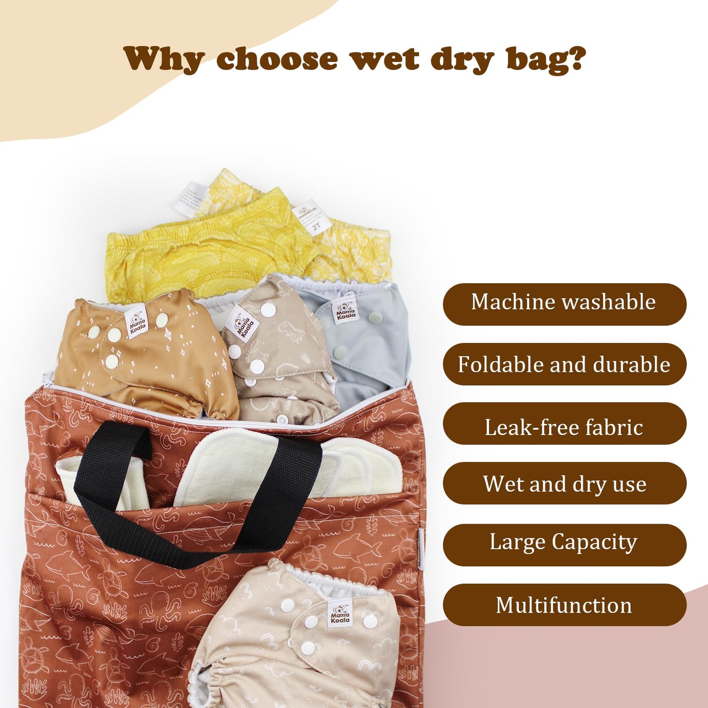 Mama Koala Diaper Pods, Portable Washable Reusable Baby Cloth Diapers Bags, 2pcs Medium Size for Travel Beach Laundry Pool Gym Yoga (W008L)