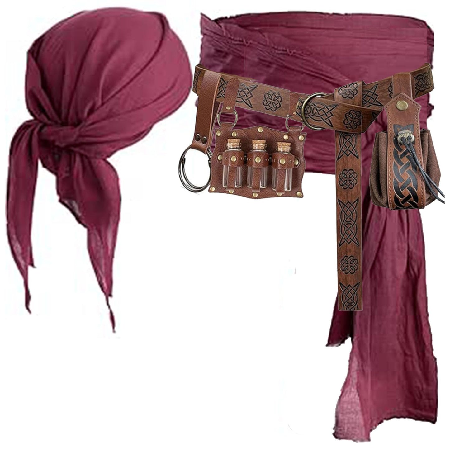KOTORA Pirate Costume Pirate Head Scarf Bandanas Belt Waist Sash Medieval Belt Pouch Coin Purse Leather Hook Festival Sets (Pattern02 Brown)