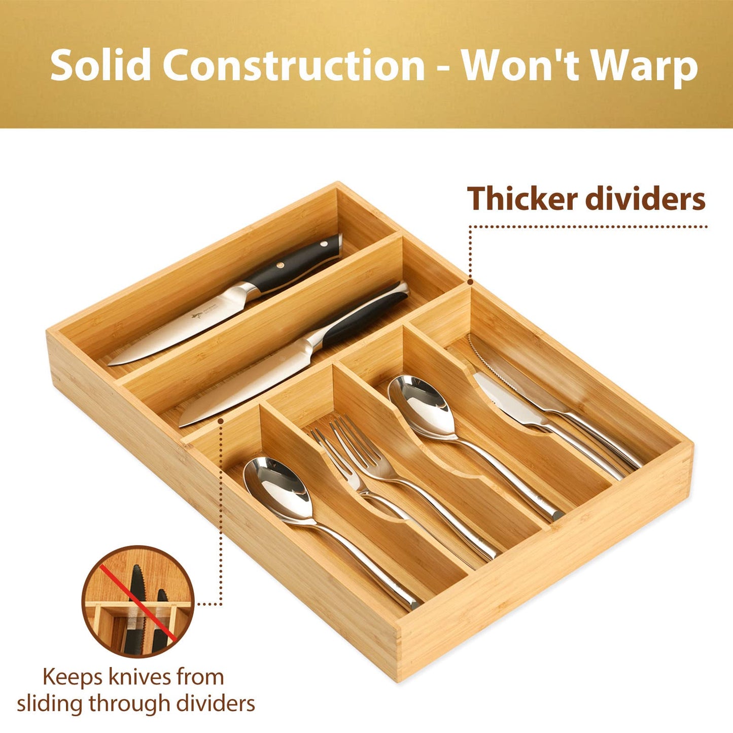 Umilife Bamboo Kitchen Drawer Organizer, 13 Inch Silverware Utensil Tray Holder, Extra Deep Grooved Drawer Divider, 7 Slots Total Bamboo Wood Caddy for Flatware Cutlery Knives, Forks, Spoons
