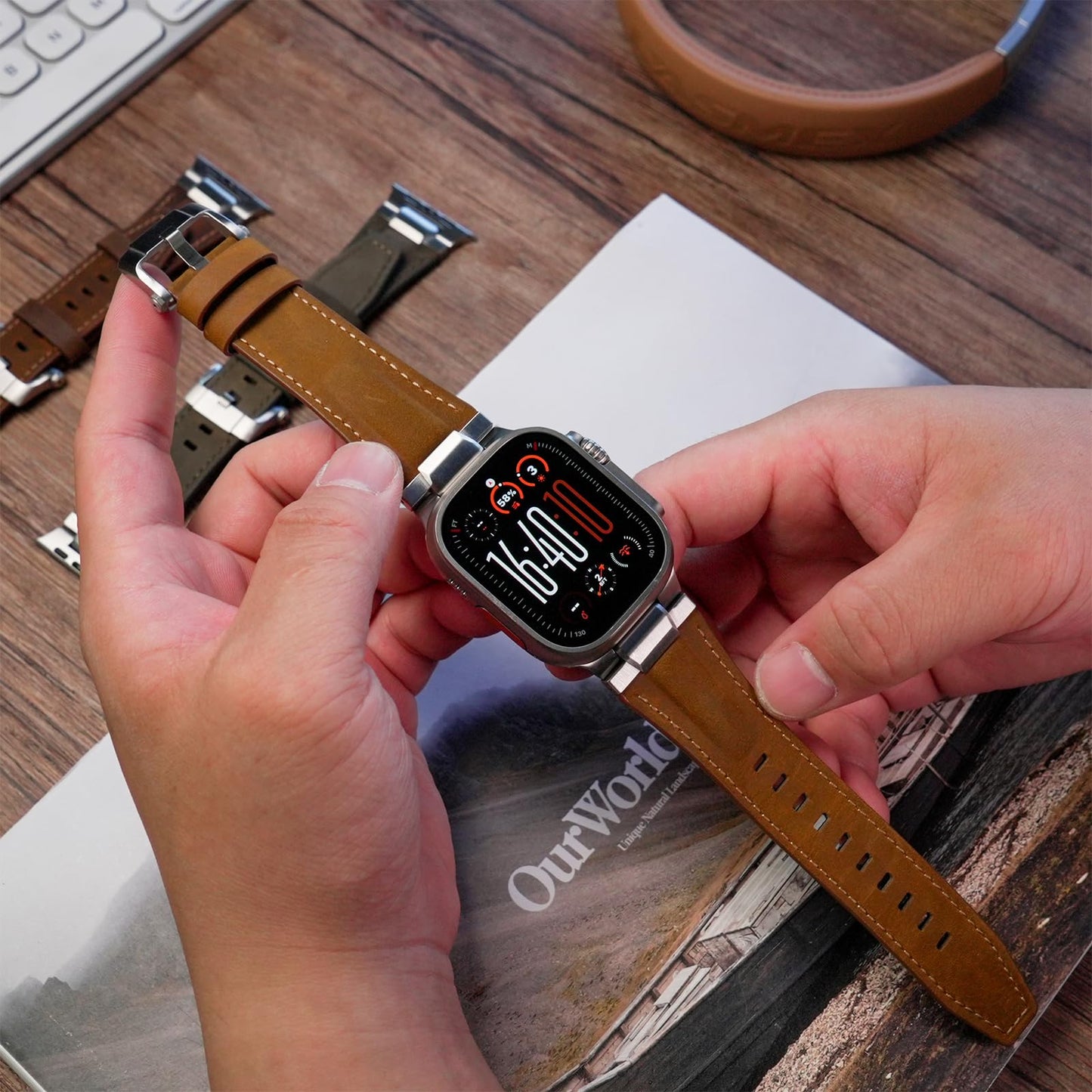 Genuine Leather Band Compatible with Apple Watch Ultra Band 49mm 46mm 45mm 44mm for Men,Vintage Genuine Leather Replacement Strap for iWatch Ultra 3 2 1,SE 3 2 1,series 11 10 9 8 7 6 5 4