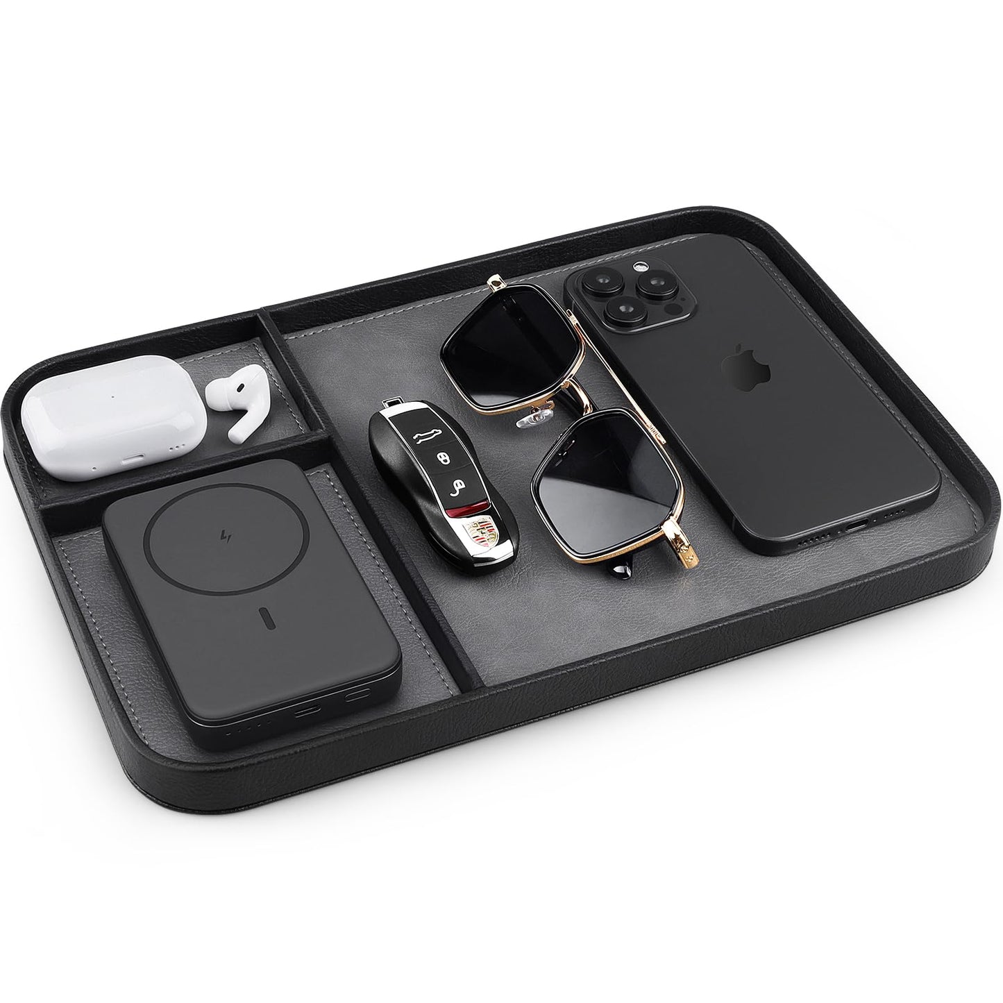 SENEN Leather Tray, Stylish and Organized Multifunctional Tray, for Table Entryway, Premium PU Leather, Catchall Tray for Keys, Watch, Wallet, Jewelry, and More (Black Frame)