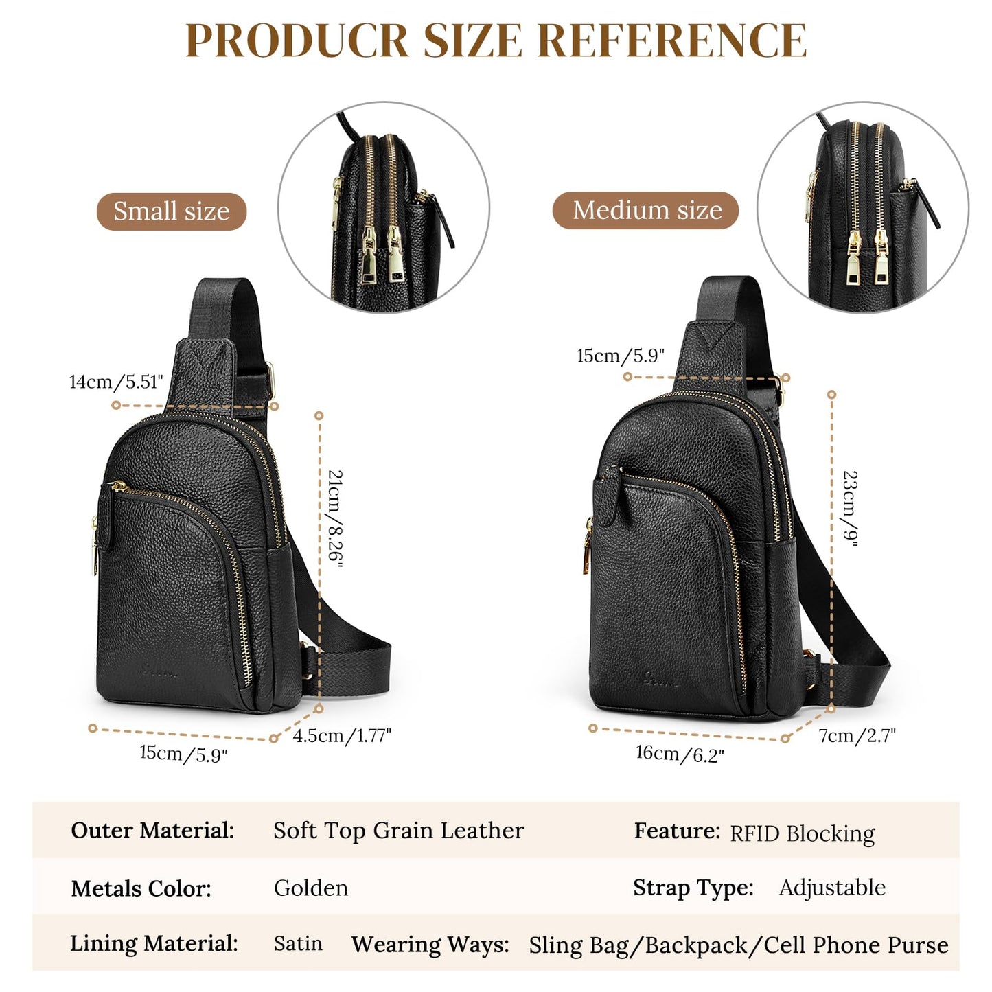 S-ZONE Small/Medium Women Leather Crossbody Sling Bag RFID Blocking Men Chest Packs Backpack Unisex, Black, Small, Retro