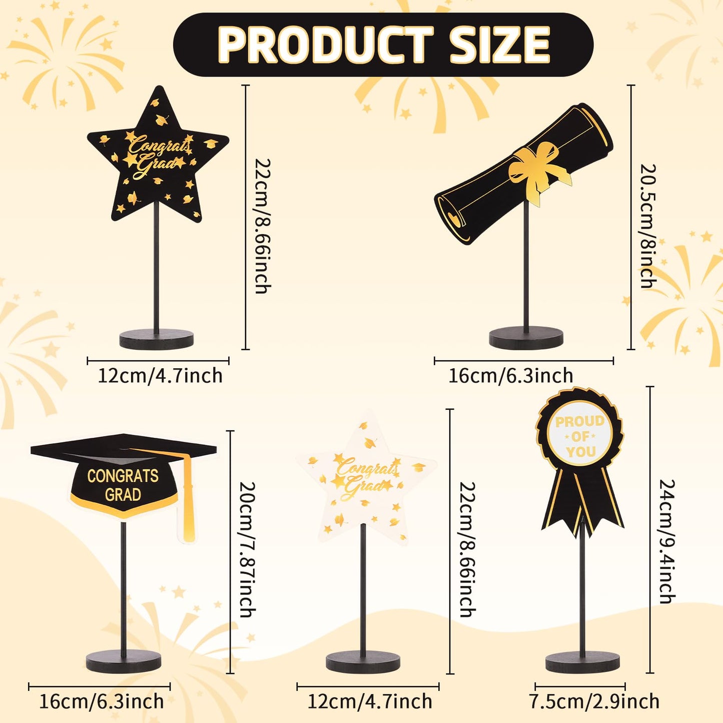 2026 Graduation Decorations, 5Pcs Black Gold White Wooden Table Centerpieces Decor Include Grad Cap Diploma Star Supplies Medal Sign, of Congrats Graduation Day Class Party Decoration.