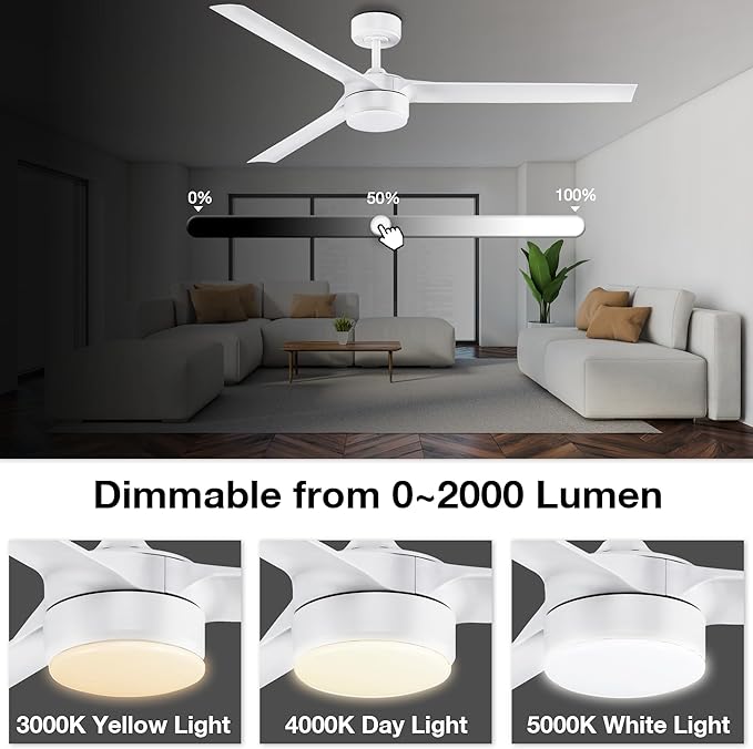 cumilo 60 Inch Smart Ceiling Fans with Light and Remote Control,6 Speeds,Quiet DC Motor,3 Color Dimmable,Outdoor Indoor Modern Ceiling Fans for Large Bedroom Patio Porch