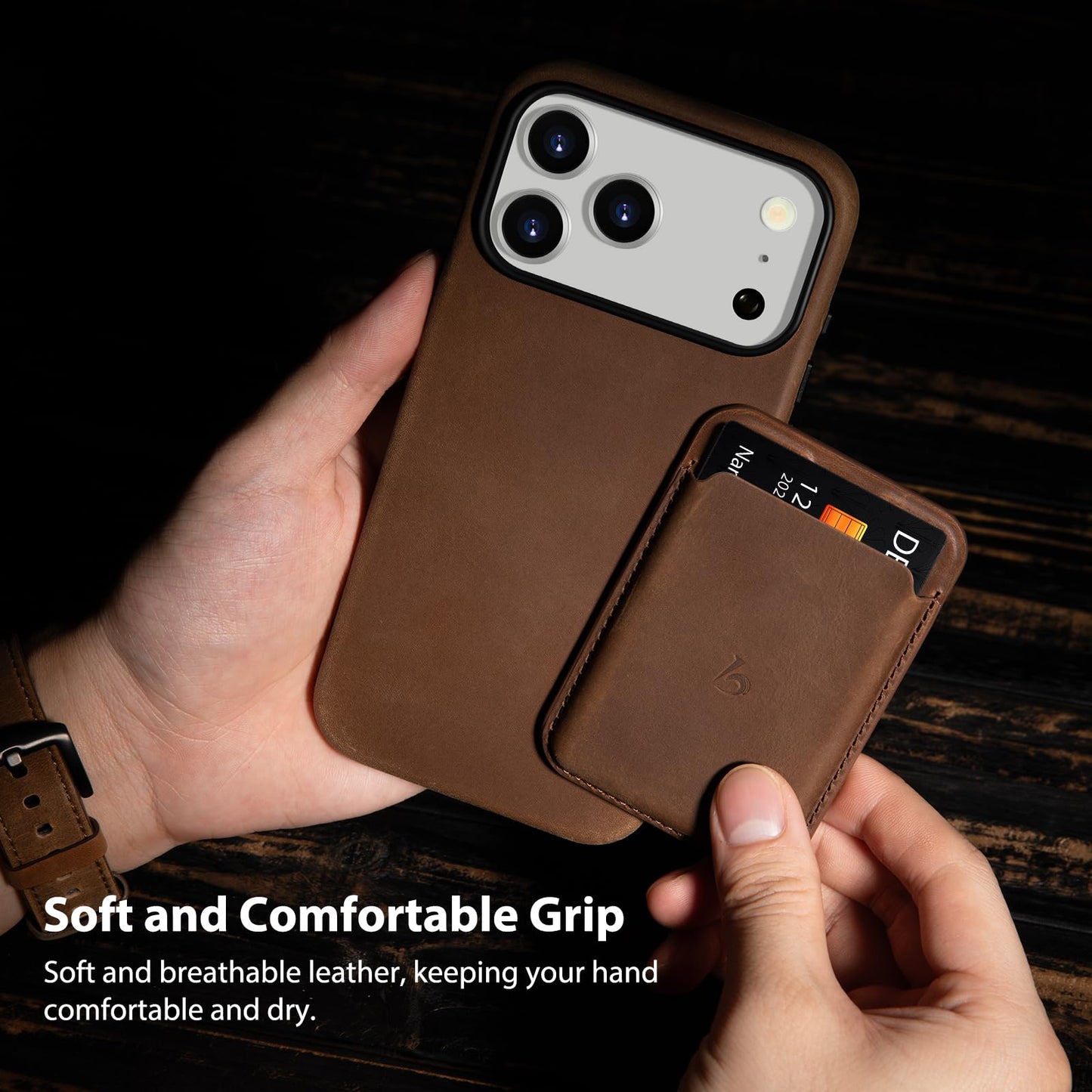 Belemay Handcrafted Crazy Horse Leather Case for iPhone 17 Pro, Compatible with MagSafe, Vintage Aesthetic, Two-Tone Effect, Unique Patina, Camera Control Button, Metal Buttons (6.3"), Vintage Brown