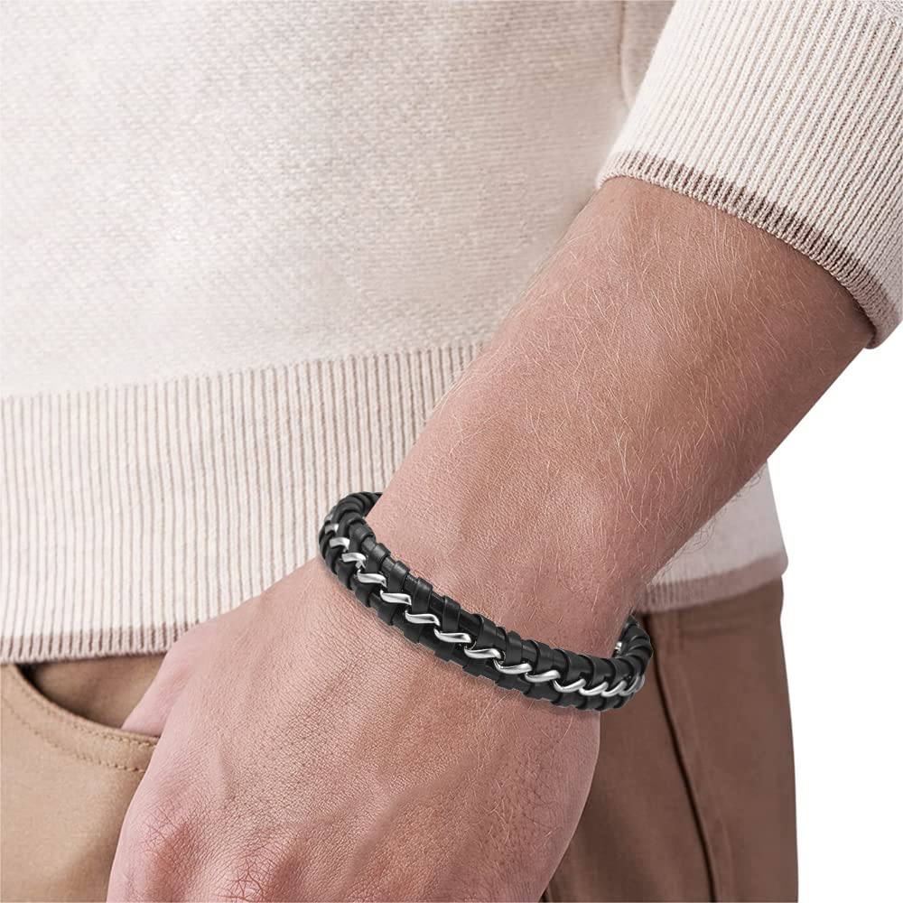 Magna Steel Men's Braided Genuine Leather Wristband Cuff Bracelet, Silver