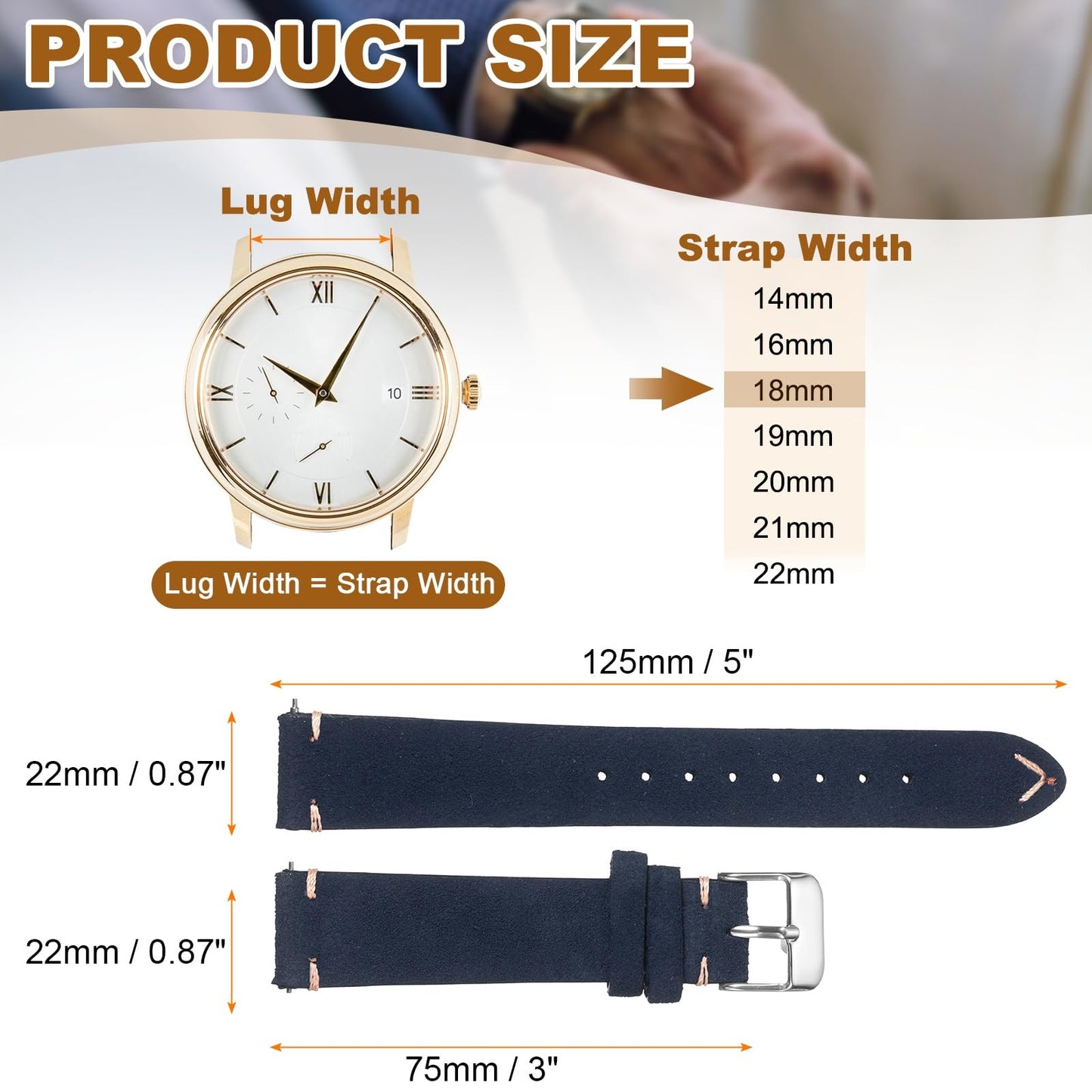 HARFINGTON Leather Watch Band 18mm Width Watch Strap Top-Grain Suede Cowhide Wrist Bands Replacement with Stainless Steel Buckle for Men Women, Dark Blue