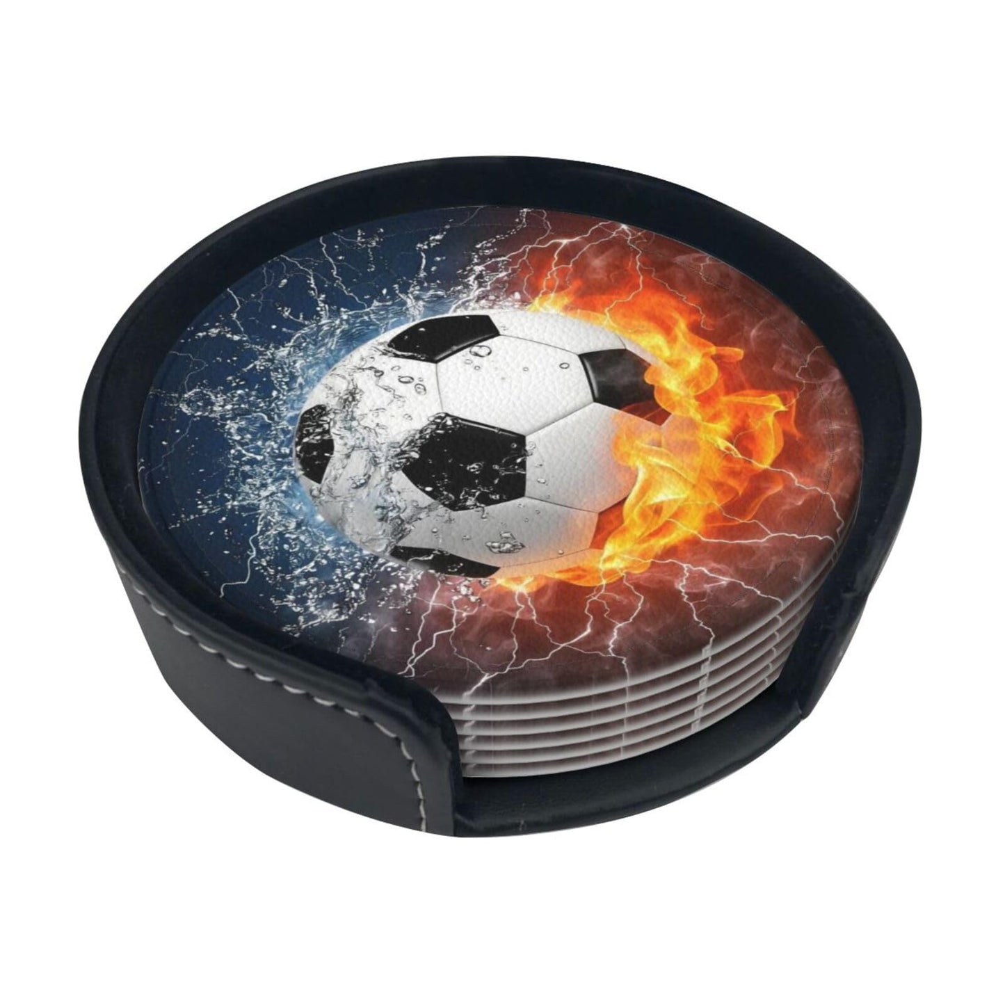 BOXIMIAO Drink Coasters with Holder Stand Set of 6, Soccer Fire Water Pu Leather Absorbent Coasters with Cork Base Table Coaster Round Coasters for Housewarming Apartment Kitchen Bar Decor