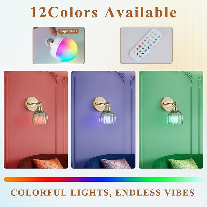 Vintage Battery Operated Wireless Wall Sconces, Rechargeable Gold Wall Lights，Green Tulip Glass Lampshad With Remote Dimmable Wall Lighting Indoor, Led Wall Lamp Fixtures For Bedroom, Living Room