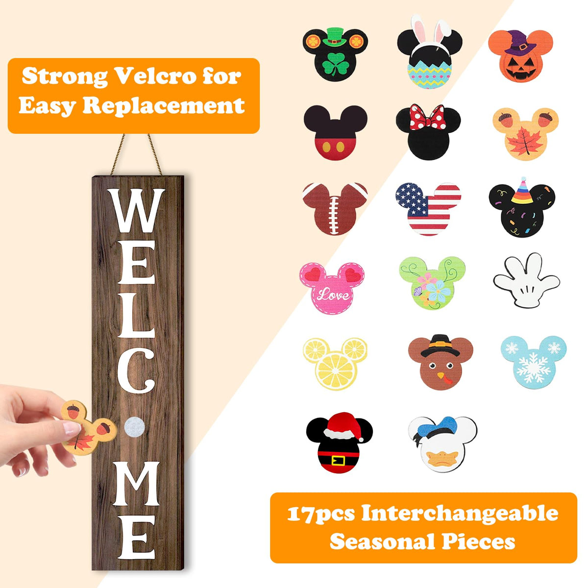 FUEMEILY 15.7'' Cute Mouse Seasonal Interchangeable Home Sign for Front Porch,18pcs Interchangeable Hanging Vertical Welcome Door Sign for Farmhouse/Wall/Porch Decor and Housewarming Gift