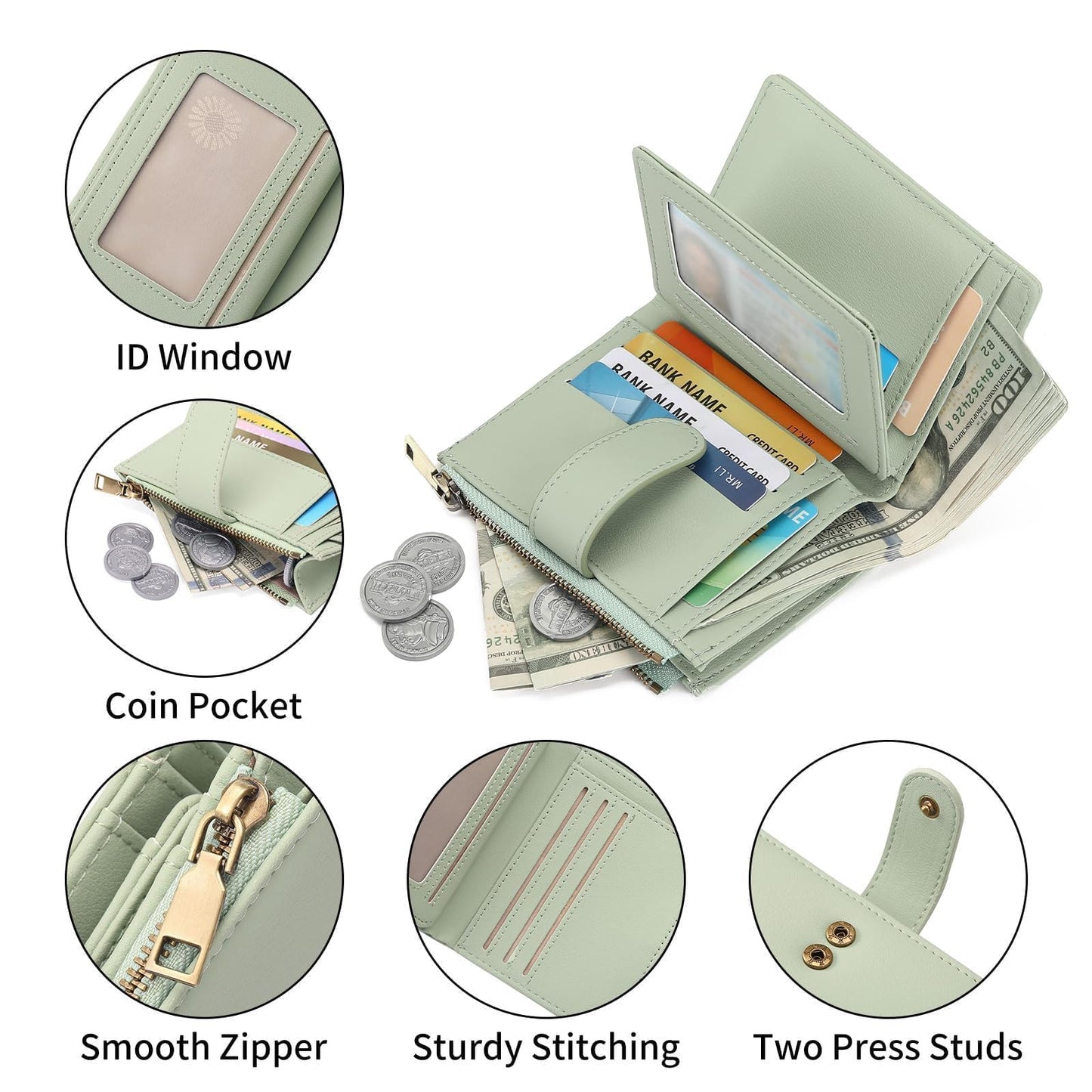GAEKEAO Small Wallet Women Vegan Leather RFID Blocking Bifold Ladies Compact Card Holder with Zipper Pocket & ID Window
