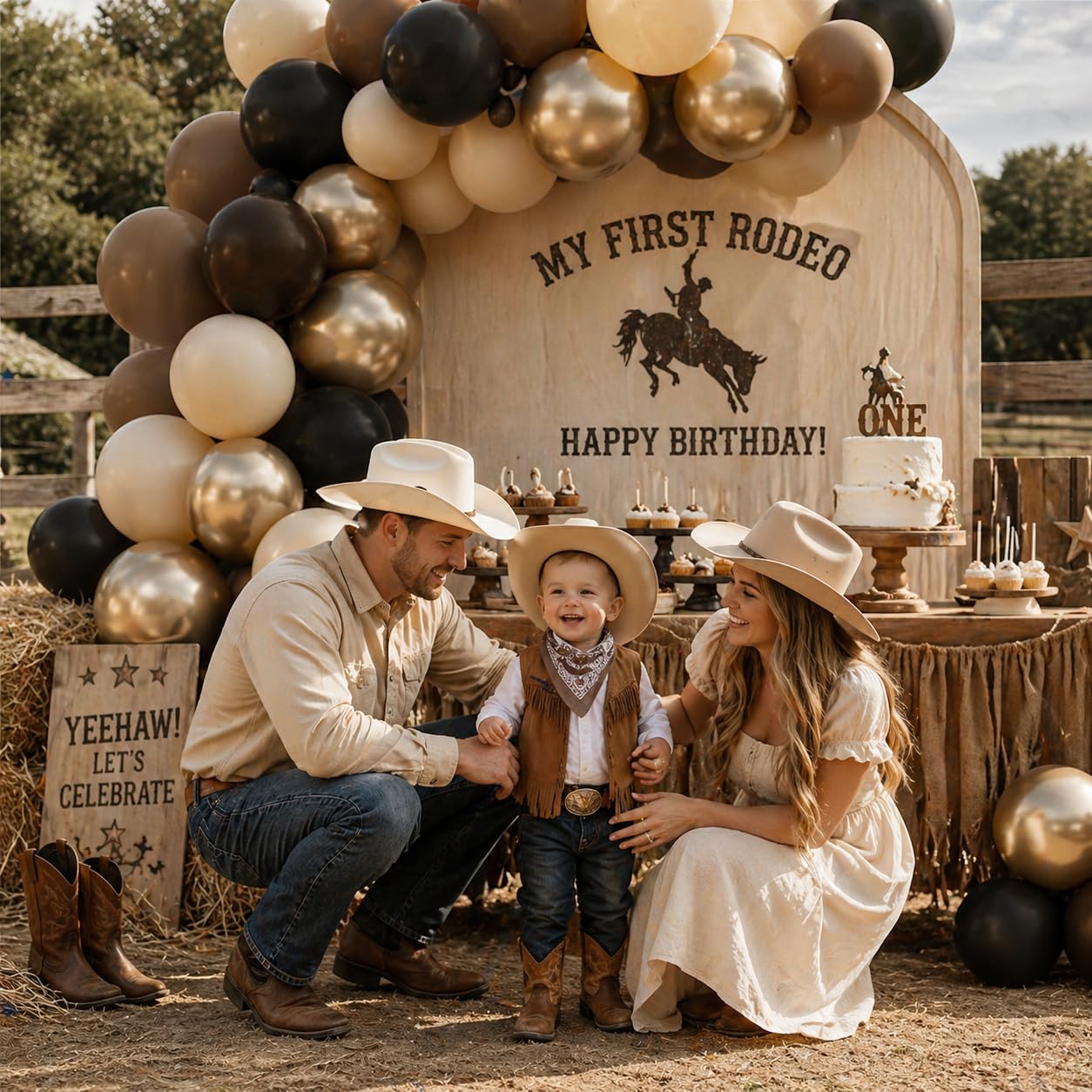 Brown Black Gold Balloons, 12 Inch Neutral Brown Tan Nude Black Beige Ivory Latex Balloons with Metallic Gold Balloon for Graduation Cowboy Western First Rodeo Wild West Country Farm Boho Baby Shower