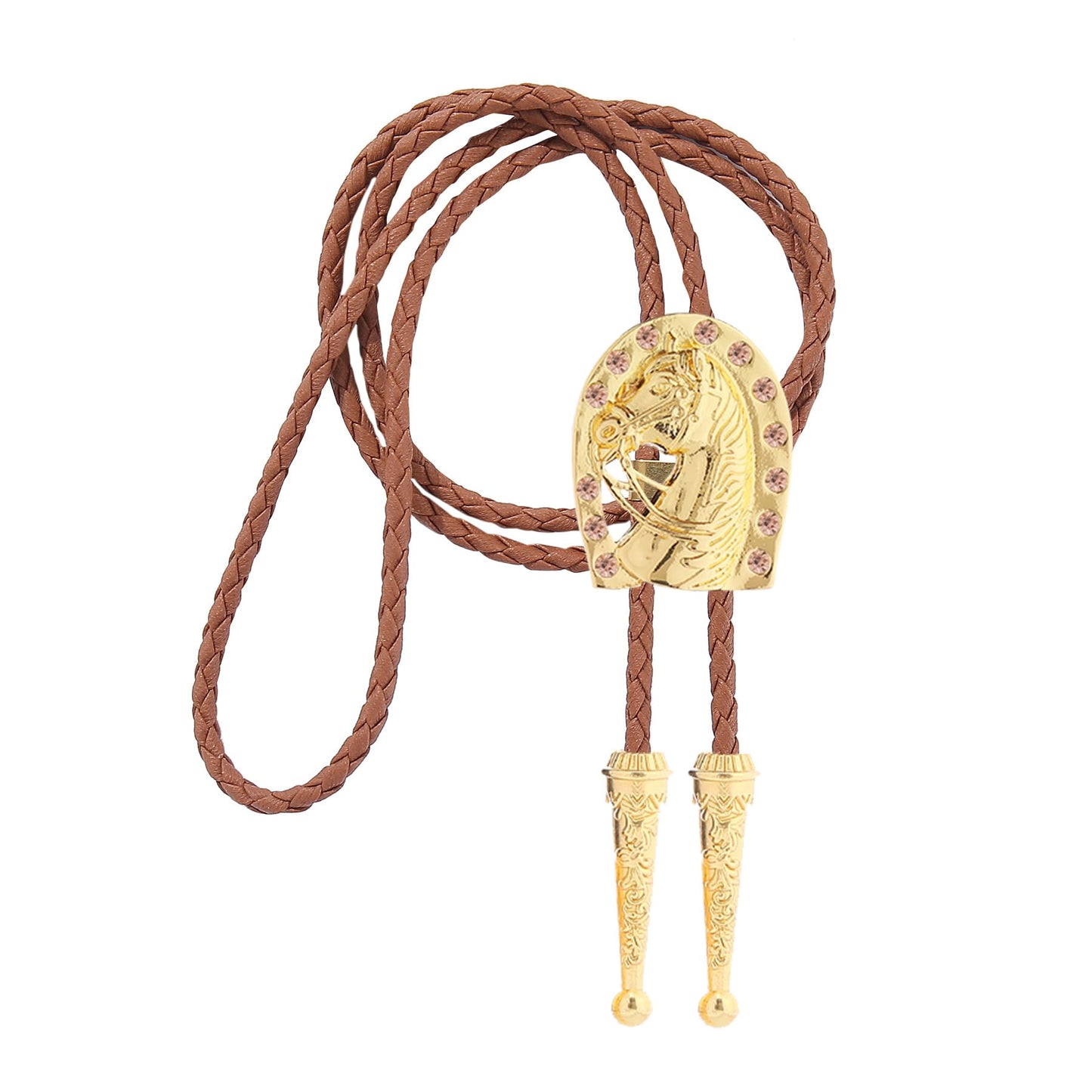 GelConnie Brown Rope Bolo Ties for Men Gold Western Cowboy Leather Necktie Women Horseshoe Bolo Tie with Brown Diamond