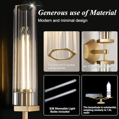 Crystal Bathroom Vanity Wall Sconces Set of Two Gold Modern Sconces Wall Lighting, 28.5in Brass Vanity Lights,Indoor Linear Wall Sconce Light for Bedroom,Hallway,Staircase,Living Room,Dining Room