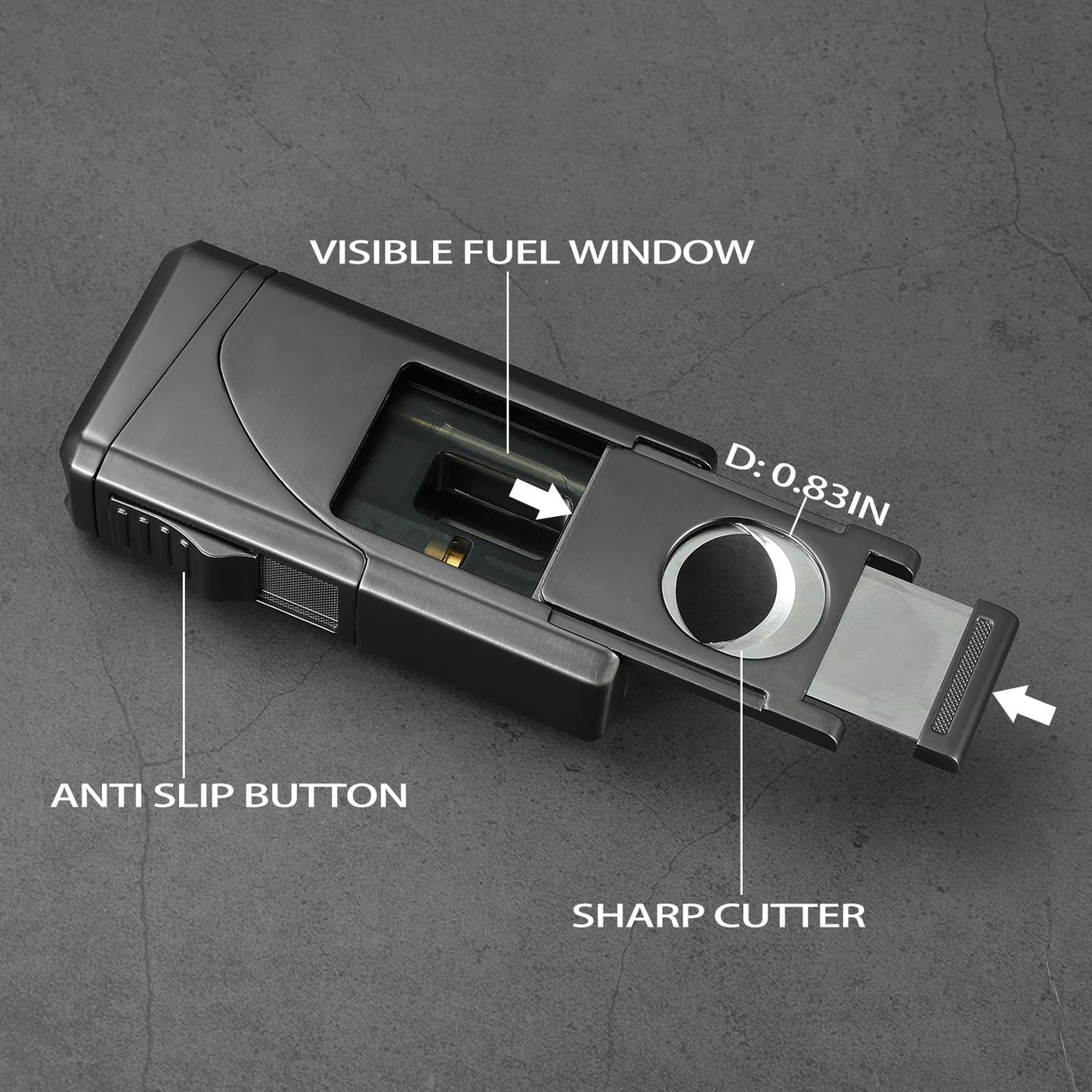 All in One Triple Jet Flame Butane Torch Lighter Built-in Cutter, Cutter V Cut, Punch, Holder Function, Draw Enhancer Tool, Refillable Windproof Gas Lighter, Mens Gifts. Grey(Sold Without Gas) ﻿