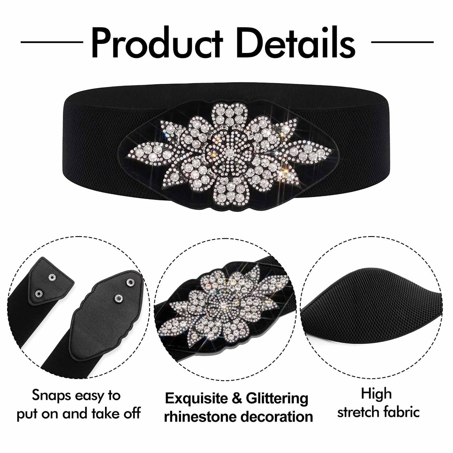 Wriidy Black Stretch Belt Rhinestone Flower Wide Women Belts Crystal Fashion Large Waist Belt for Dress