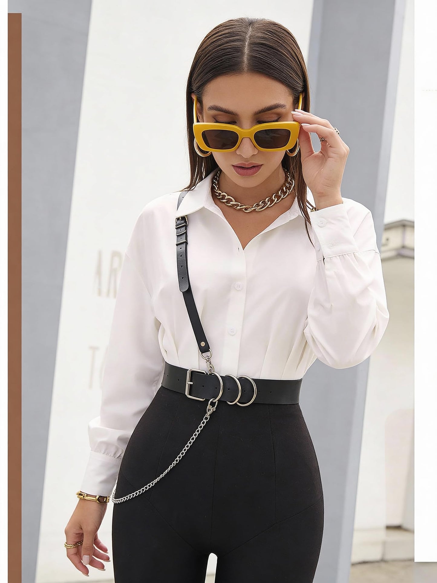 Women's Adjustable Waist Belt with Shoulder Strap & Chain – Faux Leather Fashion Belt with Alloy Ring – Streetwear Layering Accessory for Festival Photoshoot Performance Outfit (Fit Waist 21.5-36.0in)