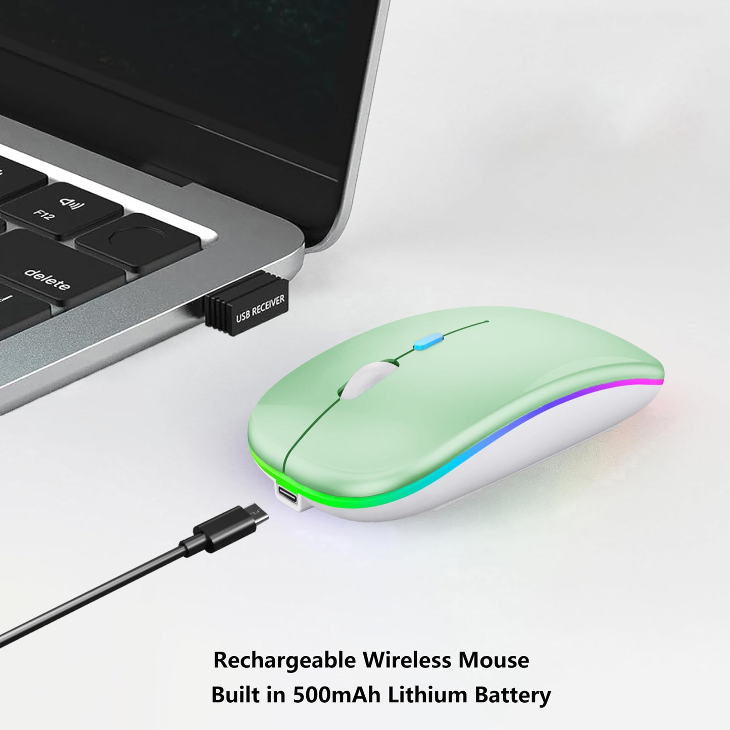 Wireless Bluetooth Mouse Rechargeable Laptop Mice with LED Lights Silent Slim Use(BT5.2 and 2.4G Portable USB Receiver)Dual Mode Computer Mouse for Laptop/iPad/Tablet/Apple/Computer/Mac(Black)