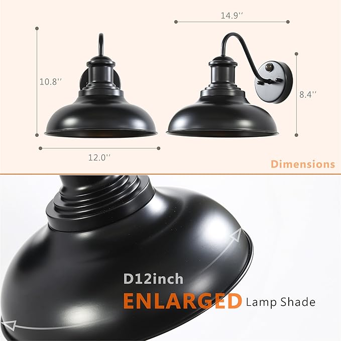 Motion Sensor Outdoor Lights,12inch Large Exterior Farmhouse Wall Mounted Lamp,E26 Barn Lights with Gooseneck,Vintage Matte Black Outside Sconce,Anti-Rust Waterproof Porch Light for House Garage