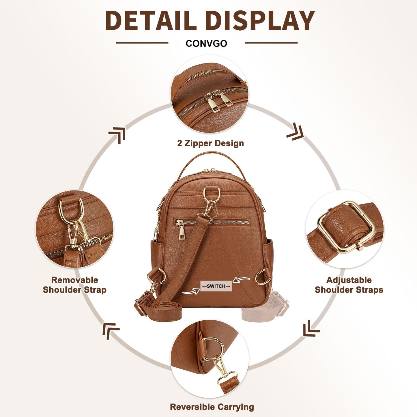 Convgo Small Backpack Purse for Women PU Leather Mini Backpack Travel Convertible Shoulder Bag with 3 Replaceable Shoulder Straps, Brown