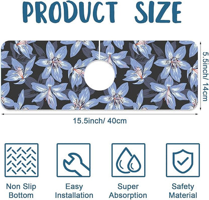 Blooming Lily Sink Faucet Absorbing Mat Blue Lily Flowers Super Absorbent Fast