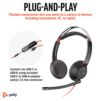 Poly Blackwire 5220 Wired Headset - Flexible Boom Mic - Noise Cancelling Headphones with Mic - USB-C, USB-A, 3.5mm - Ergonomic Over-Ear Design - Works with Microsoft Teams, Zoom - Work from Home