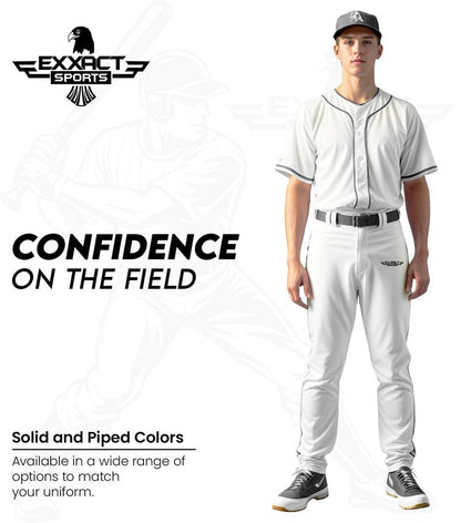 Exxact Sports Home Run Men's Baseball Pants with Piping - Full-Length, Semi-Relaxed Fit, Open-Bottom Adult Baseball Pants - (AM, White/Red Piping)