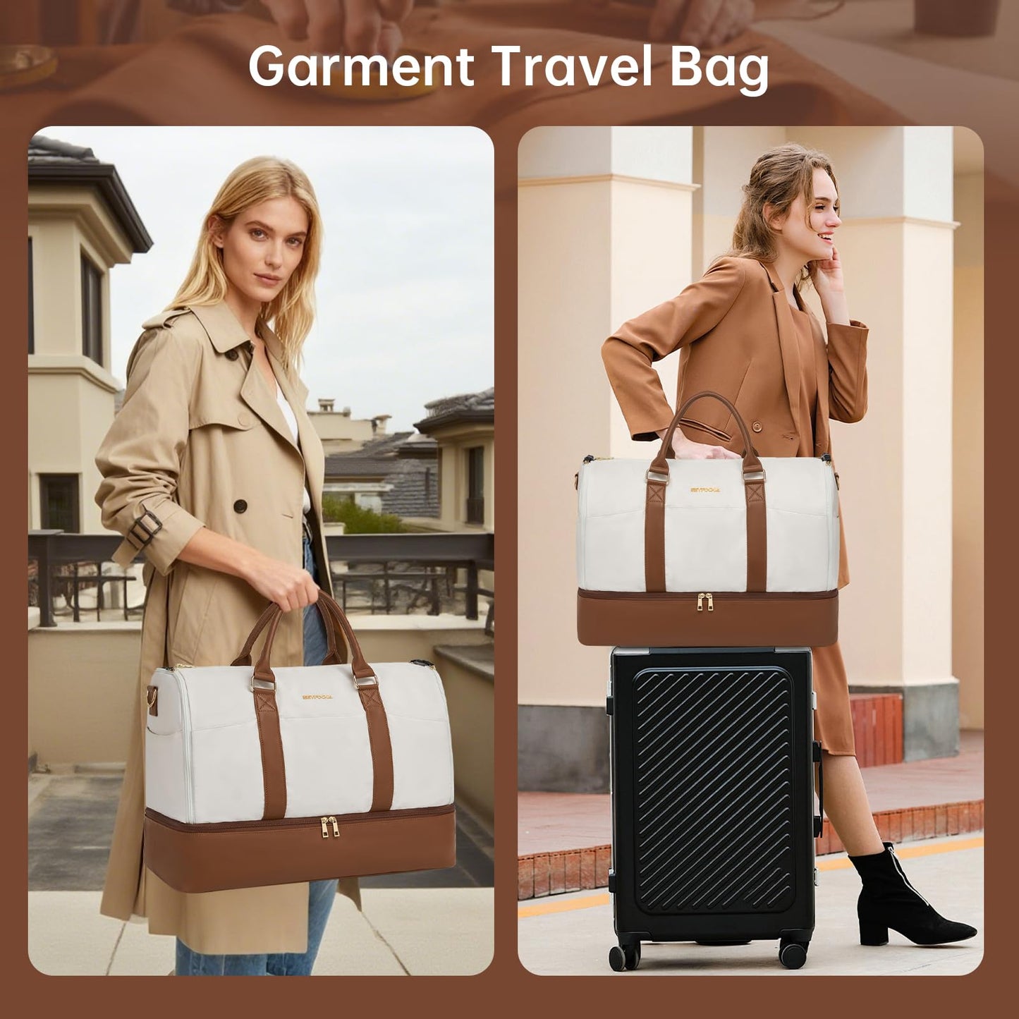 Convertible Garment Duffel Bag for Travel,2 in 1 Weekender Bag Hanging Suitcase for Women with Shoe Compartment, Carry On Suit Bags Travel Duffle Bag Beige