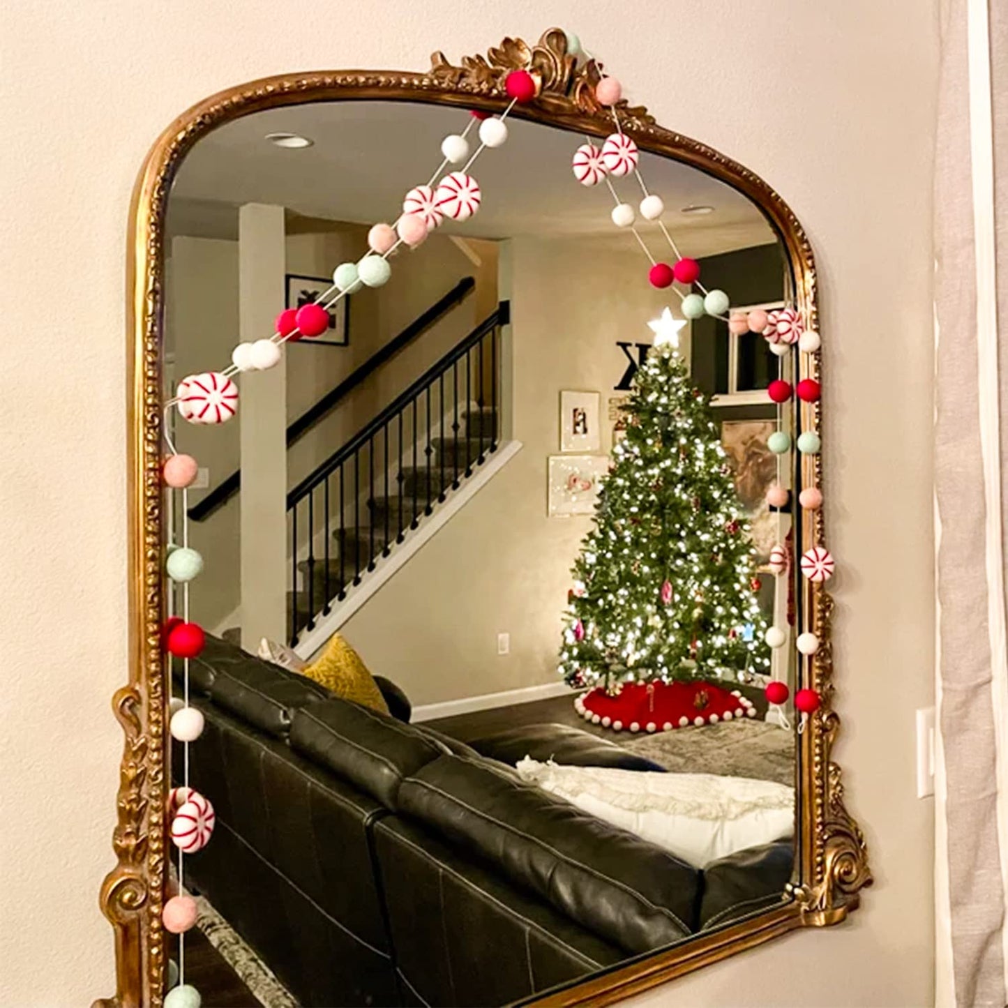 Christmas Felt Ball Garland, Holiday Home Decor, Peppermint Garland Decor, Candy Decorations, Felt Balls for Christmas Tree, Mantel, Kids Bedroom, Living Room, Nursery- 6.56 Ft