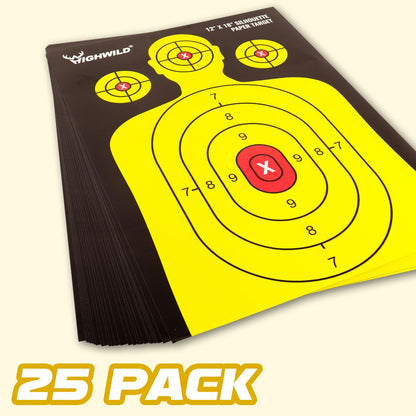 Highwild Shooting Range Silhouette Paper Target - 12X18 Inches - Suitable for Handguns, Rifles, Airguns, BB Guns (25 Pack, Black & Yellow)