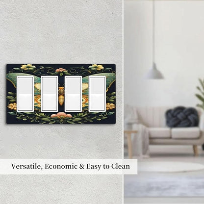 Butterfly Ornate with Flower Light Switch Cover 4 Gang Rocker Decora Outlet Covers Wall Plate Decorative Switchplate Electrical Faceplate GFCI for Farmhouse Living Bedroom Decor