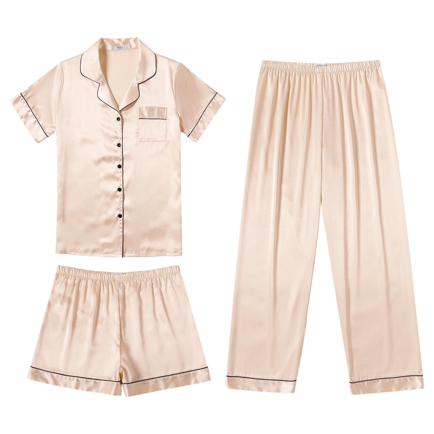 Ekouaer Silk Pajamas for Women Set Satin Pjs Soft Short Sleeve Button Down Sleepwear 3 Piece Loungewear S-XXL