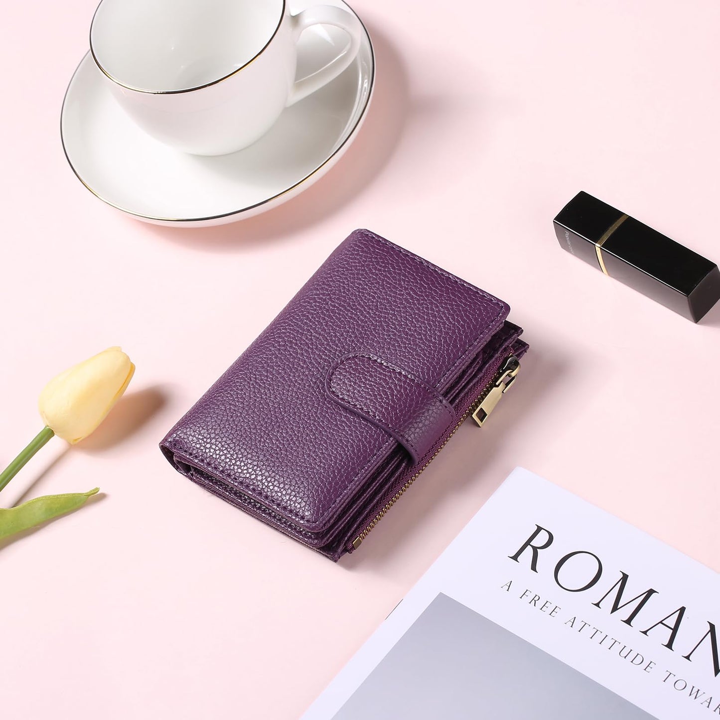 GAEKEAO Small Wallet for Women, Bifold Vegan Leather RFID Blocking Ladies Compact Card Holder with Zipper Pocket & ID Window
