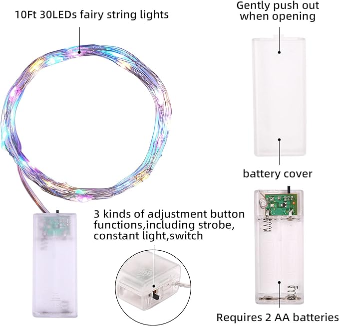 Mandiq 4 Pack Fairy Lights Battery Operated, String Lights 10ft 30 LEDs, Flashing and Constant Light Mode, Silver Wire Mini Lights for Festival, Christmas Decoration, Multicolor…