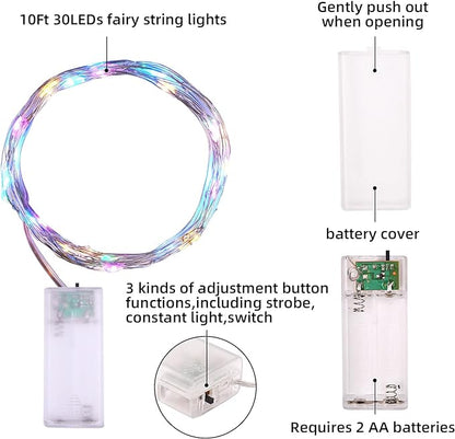 Mandiq 4 Pack Fairy Lights Battery Operated, String Lights 10ft 30 LEDs, Flashing and Constant Light Mode, Silver Wire Mini Lights for Festival, Christmas Decoration, Multicolor…