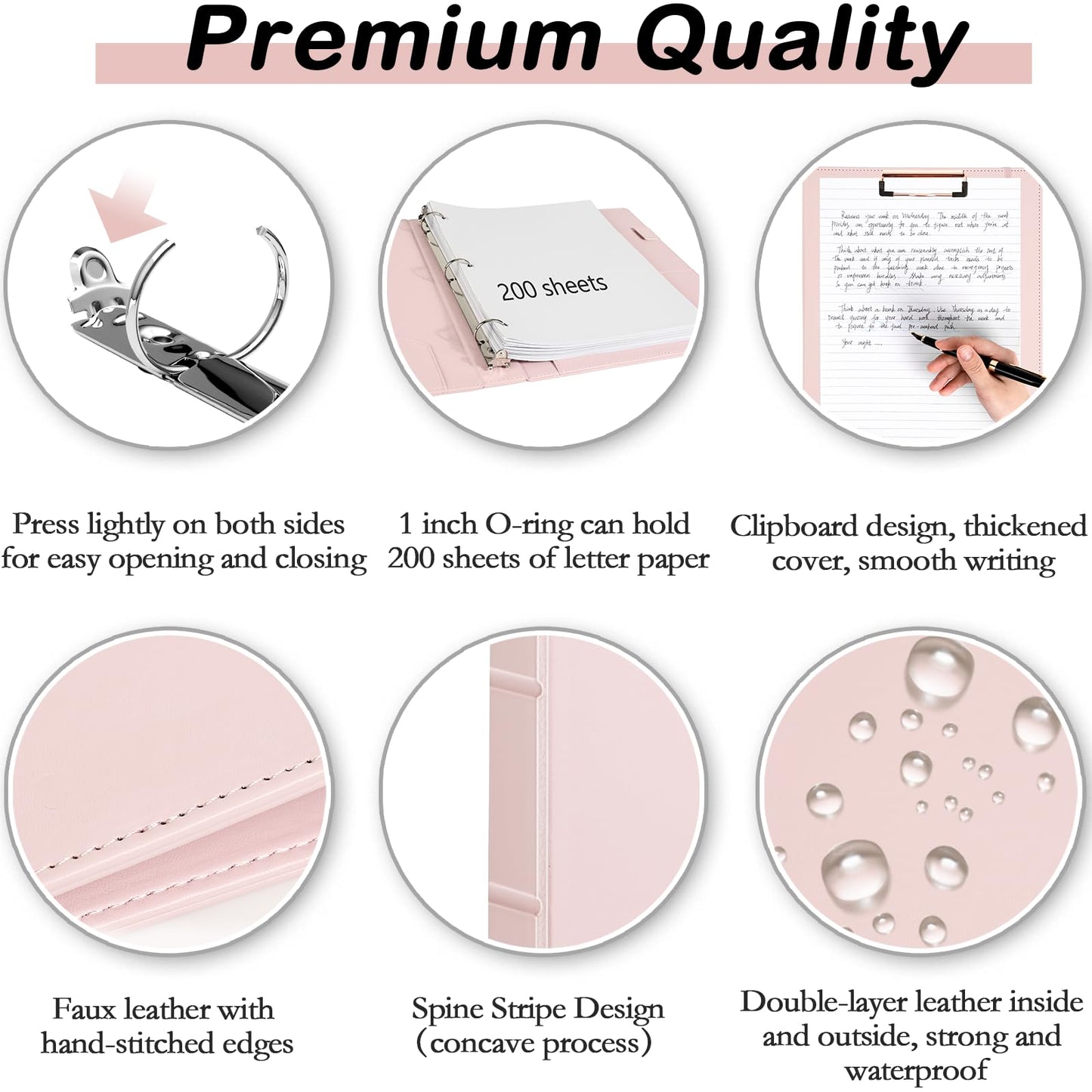 Etzul Hardcover 3 Ring 1 inch Leather Binder, Letter Size Binder Dividers with Tabs, PVC Zipper Pouch, Professional Organizer, Faux Rose Pink Leather