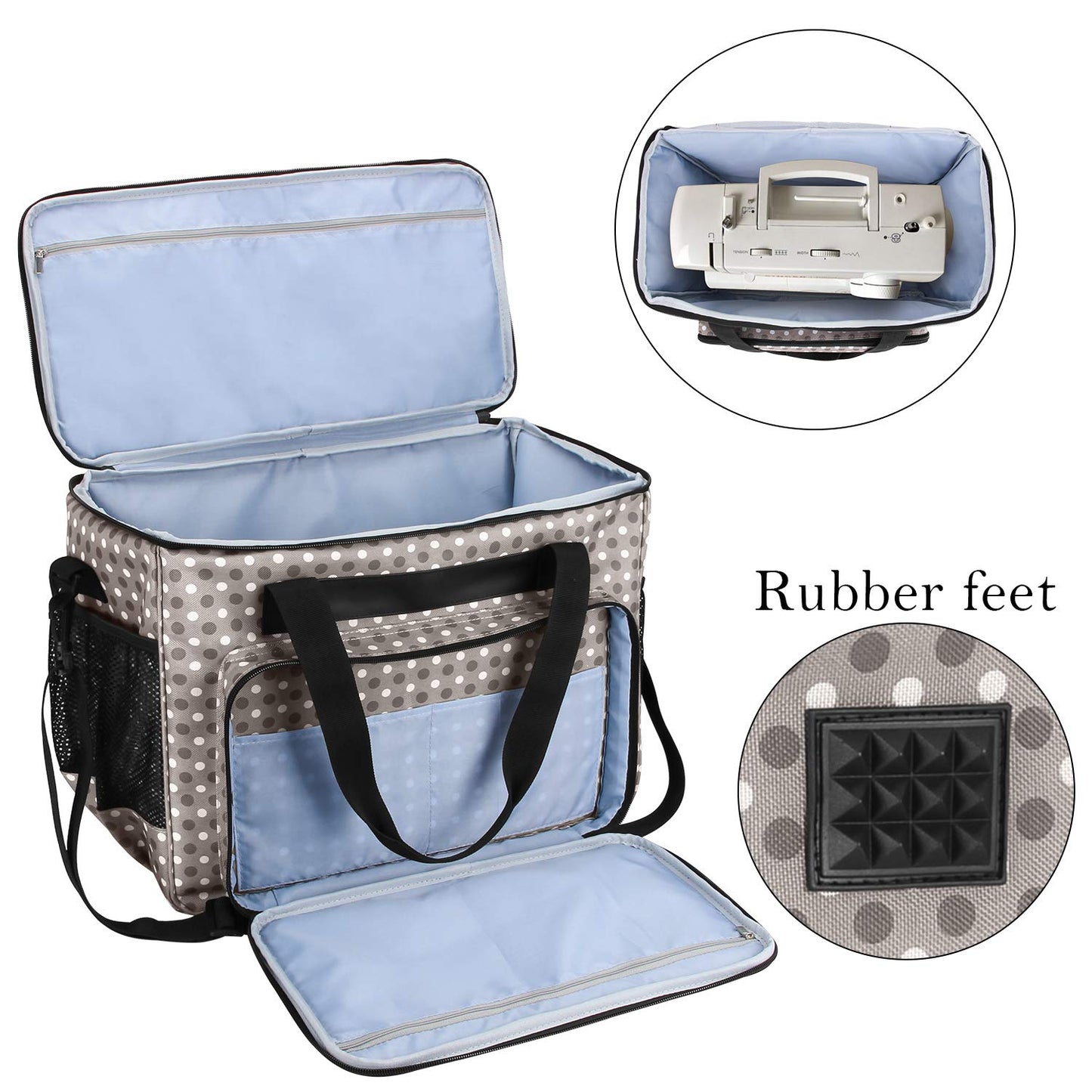 Teamoy Sewing Machine Case, Carrying Tote Bag Storage Organizer Compatible with Brother, Singer Sewing Machines and Accessories, Gray Dots