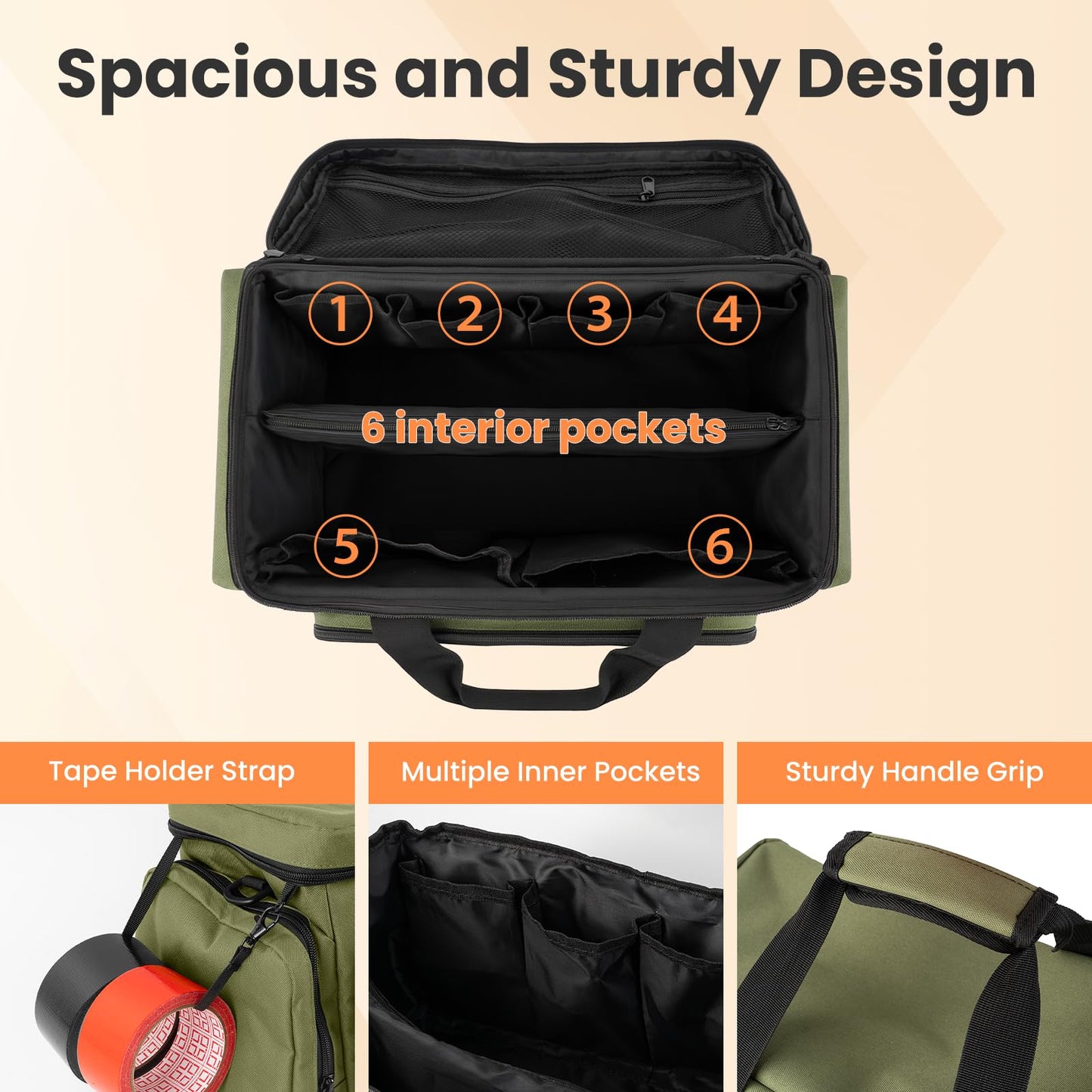 VJI Heavy Duty Tool Bag with Multi-Pockets, Portable Storage Bag with Large Zipper, Carrying Toolbag with Adjustable Shoulder Strap and Ergonomic Handle, Repairman, Carpenters, Handyman, Green