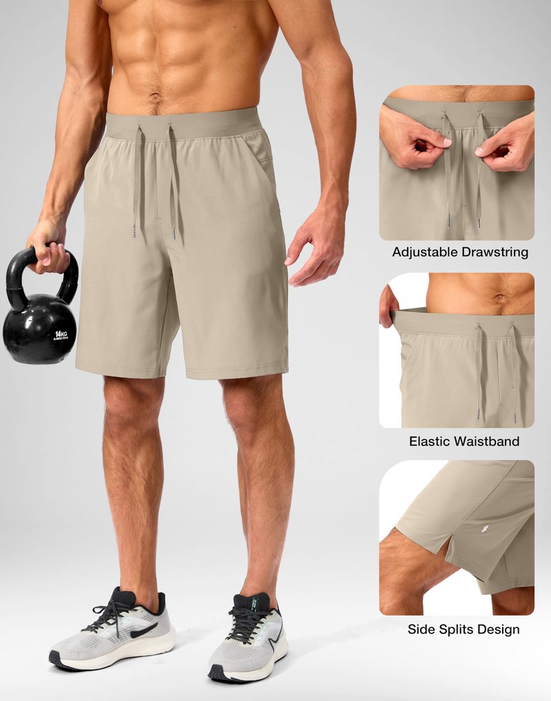 Soothfeel Men's Running Shorts with Zipper Pockets 9 Inch Lightweight Quick Dry Gym Sports Athletic Workout Basketball Shorts for Men (Khaki, L)